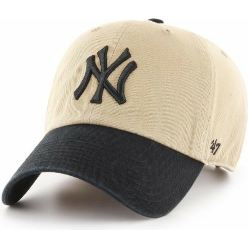 47-brand-curved-brim-black-logo-new-york-yankees-mlb-clean-up-two-tone-beige-cap-with-black-visor