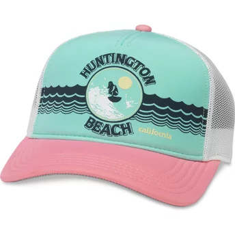 American Needle Huntington Beach California Riptide Valin Green, White and Pink Snapback Trucker Hat