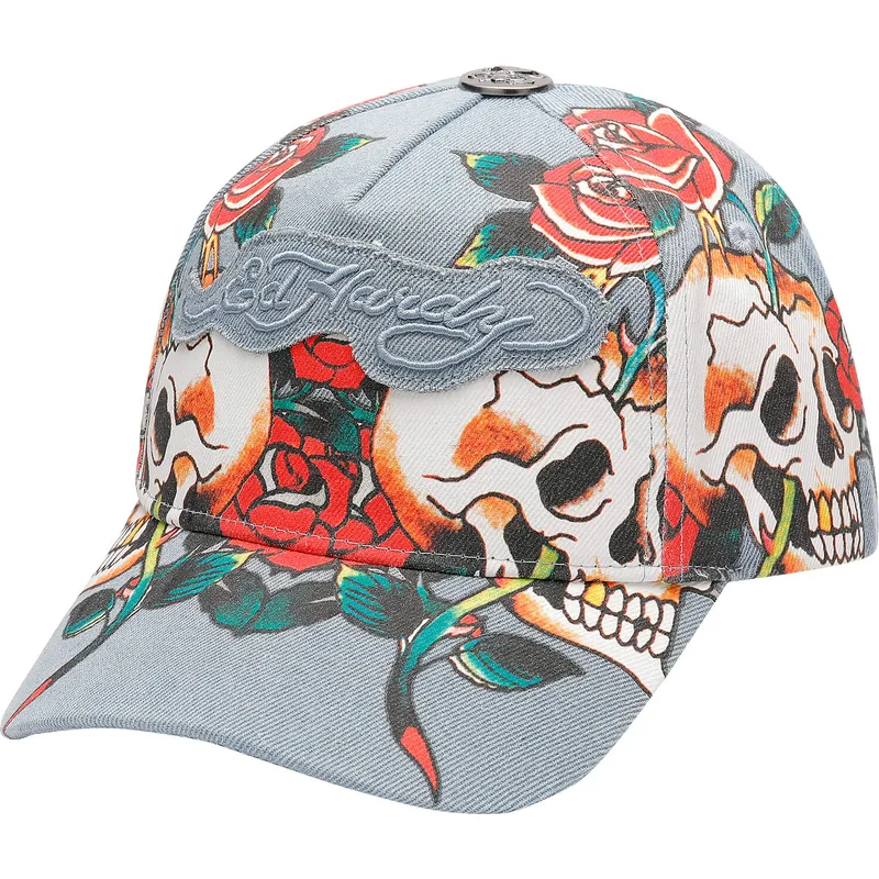 Ed Hardy Curved Brim Skull Rose Denim Blue Adjustable Cap