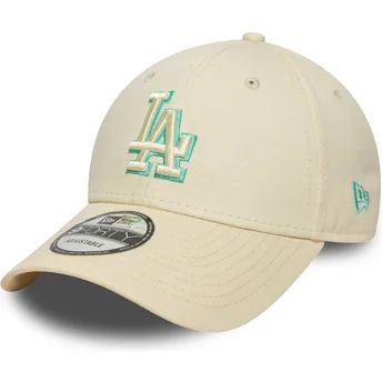 New Era Curved Brim Green Logo 9FORTY Team Outline Los Angeles Dodgers MLB Beige Adjustable Cap