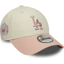 new-era-curved-brim-pink-logo-9forty-world-series-patch-los-angeles-dodgers-mlb-beige-and-pink-adjustable-cap