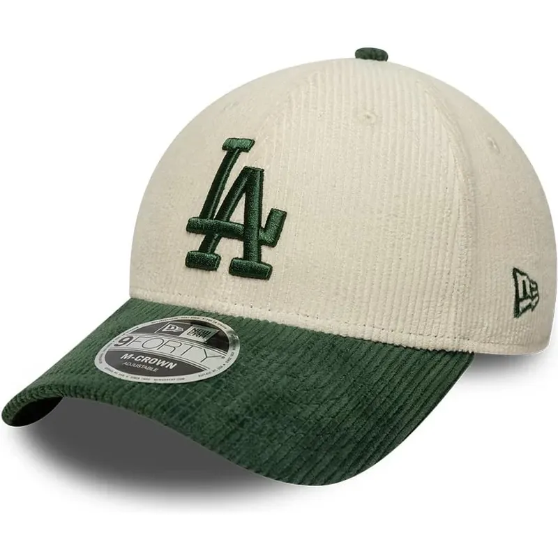 new-era-curved-brim-green-logo-9forty-m-crown-cord-los-angeles-dodgers-mlb-beige-and-green-snapback-cap
