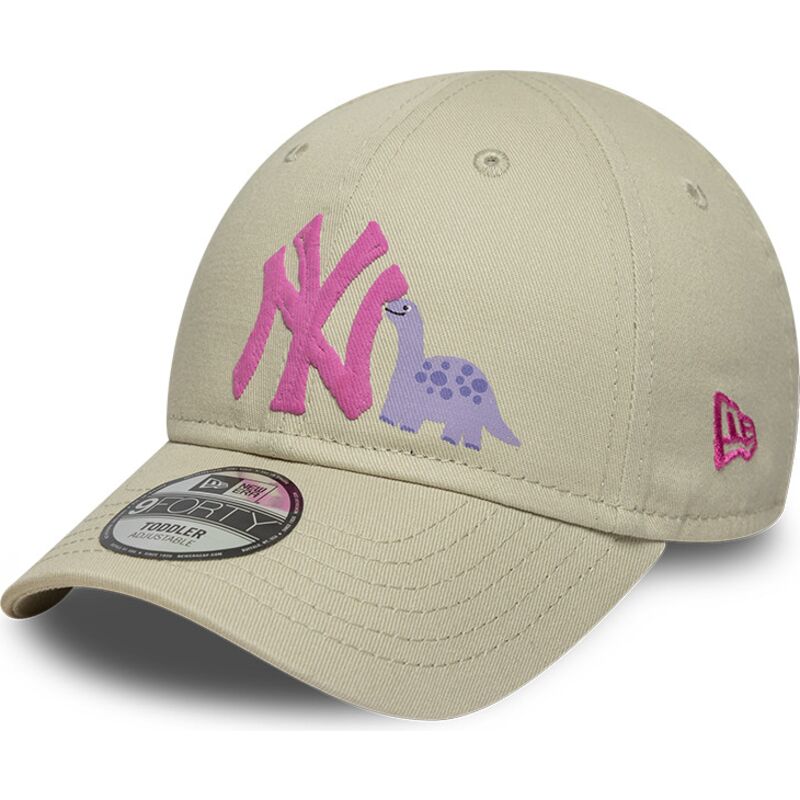 new-era-curved-brim-youth-pink-logo-9forty-dino-icon-new-york-yankees-mlb-beige-adjustable-cap