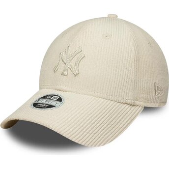 New Era Curved Brim Women 9FORTY Cord New York Yankees MLB Beige Adjustable Cap with Beige Logo