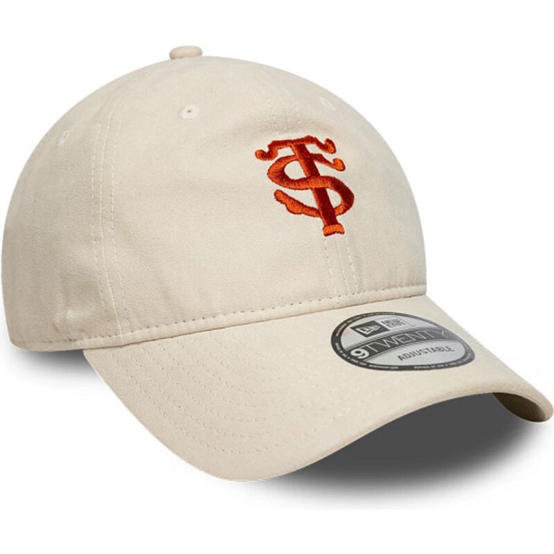 new-era-curved-brim-red-logo-9twenty-faux-suede-stade-toulousain-top-14-beige-adjustable-cap