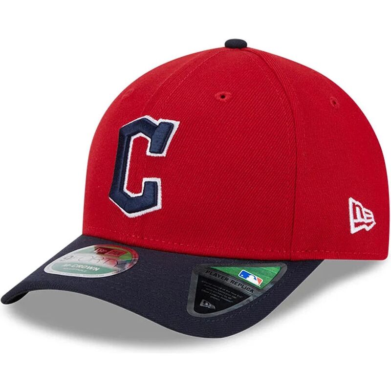 new-era-curved-brim-9forty-m-crown-player-replica-cleveland-guardians-mlb-red-and-navy-blue-snapback-cap