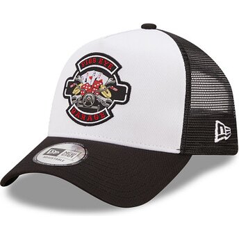 New Era A Frame Location Icon Pigs Eye Garage Black and White Trucker Hat
