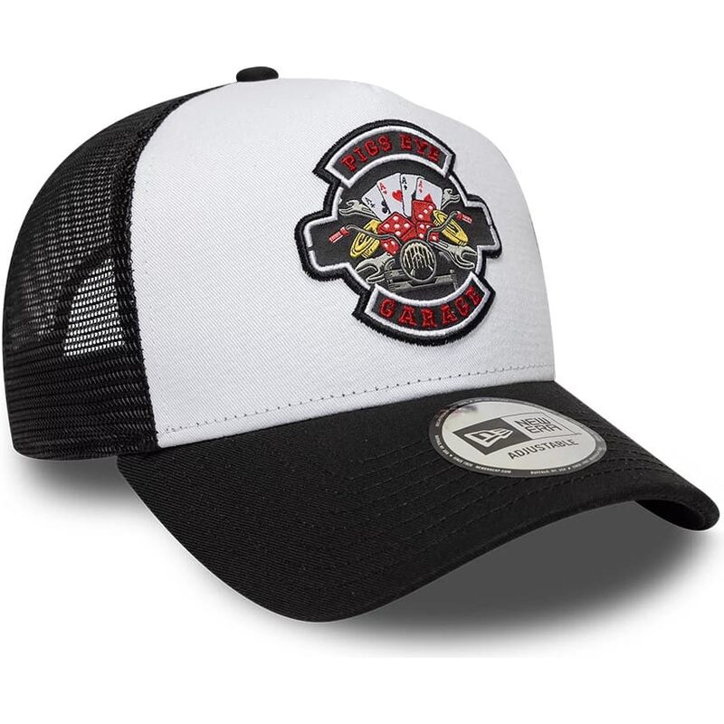 new-era-a-frame-location-icon-pigs-eye-garage-black-and-white-trucker-hat