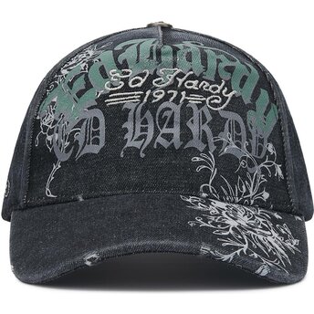 Ed Hardy Curved Brim Distressed Floral Gothic Black Adjustable Cap