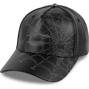 Ed Hardy Curved Brim Spiderweb PU Leather Black Adjustable Cap