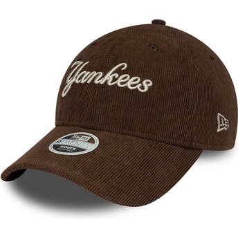 New Era Curved Brim Women 9TWENTY Cord Script New York Yankees MLB Brown Adjustable Cap