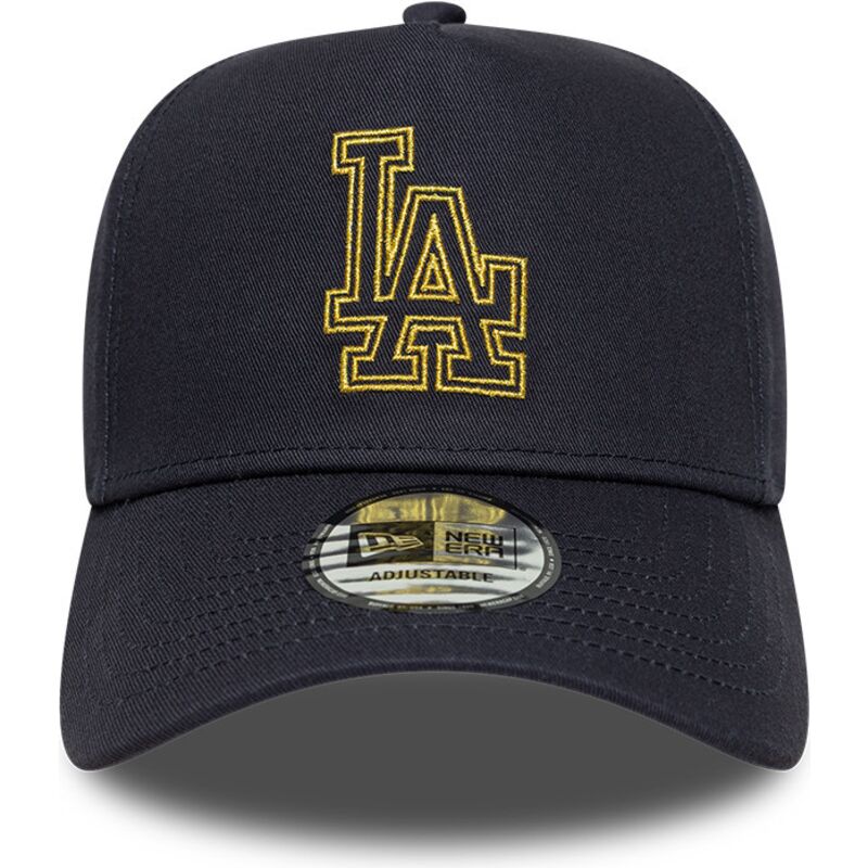new-era-curved-brim-golden-logo-e-frame-metallic-outline-los-angeles-dodgers-mlb-navy-blue-snapback-cap