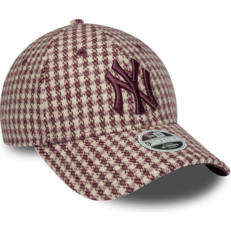 new-era-curved-brim-women-maroon-logo-9forty-m-crown-houndstooth-new-york-yankees-mlb-maroon-and-beige-adjustable-cap new-era-curved-brim-women-maroon-logo-9forty-m-crown-houndstooth-new-york-yankees-mlb-maroon-and-beige-adjustable-cap