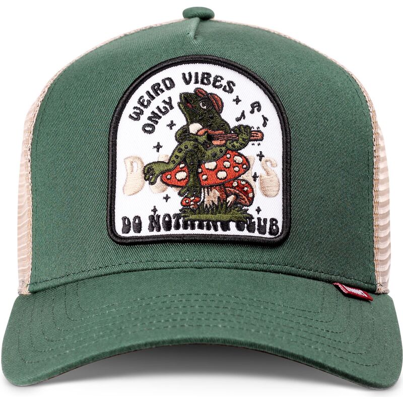 djinns-hft-do-nothing-club-weird-vibes-frog-green-and-beige-trucker-hat djinns-hft-do-nothing-club-weird-vibes-frog-green-and-beige-trucker-hat